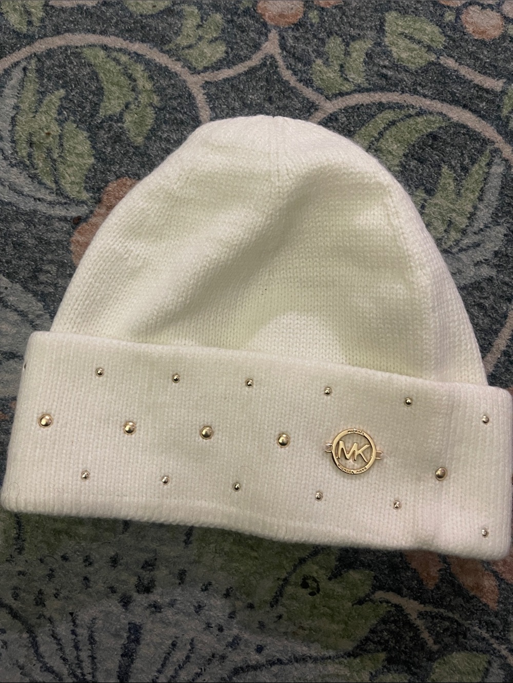 Michael Kors Cream Knit Beanie with Gold Studs & MK Emblem - Picture 2 of 4